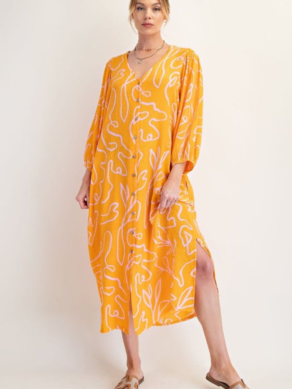 Easel Crinkle Button Front Dress